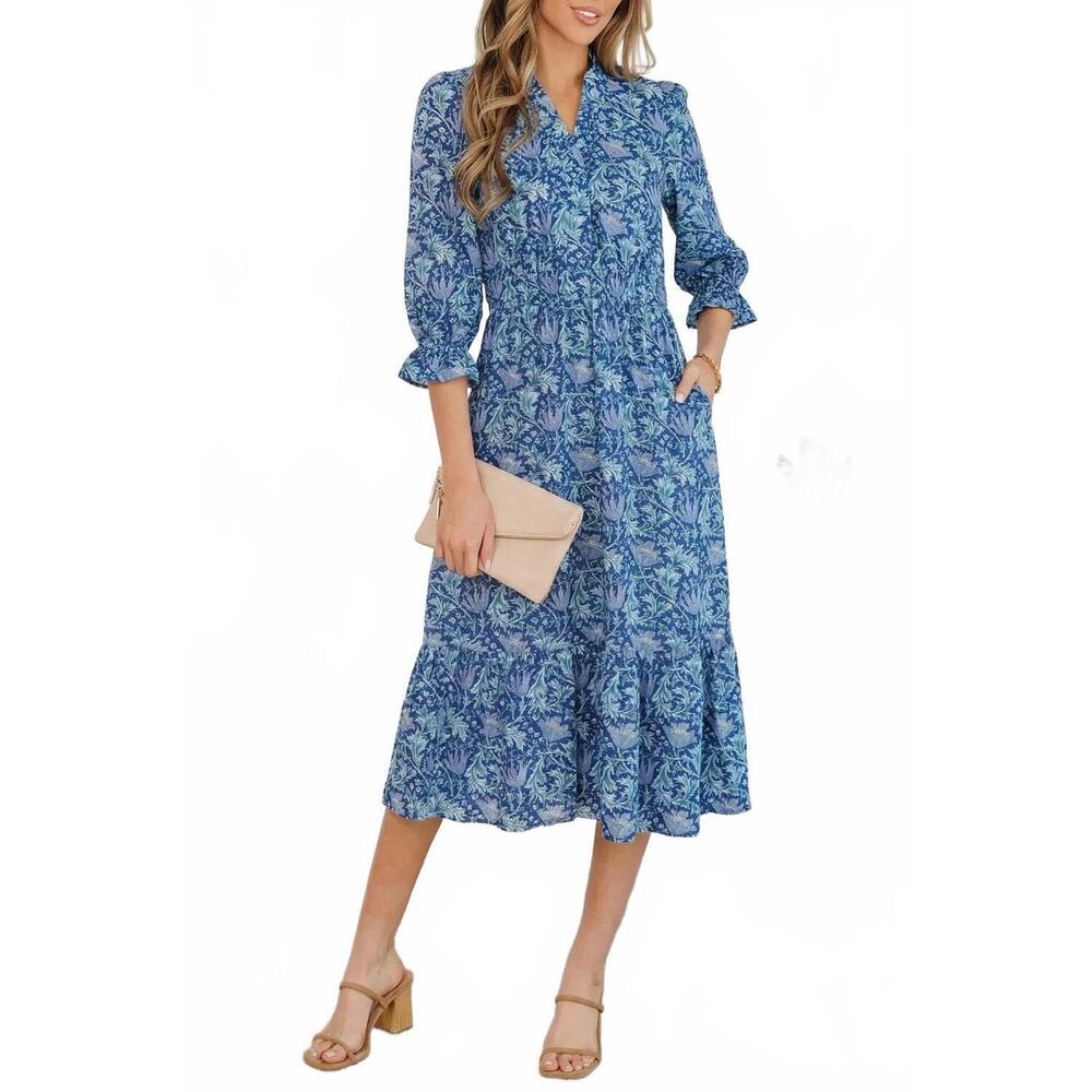 NEW UNISHE tonal floral midi 3/4 sleeve dress in blue